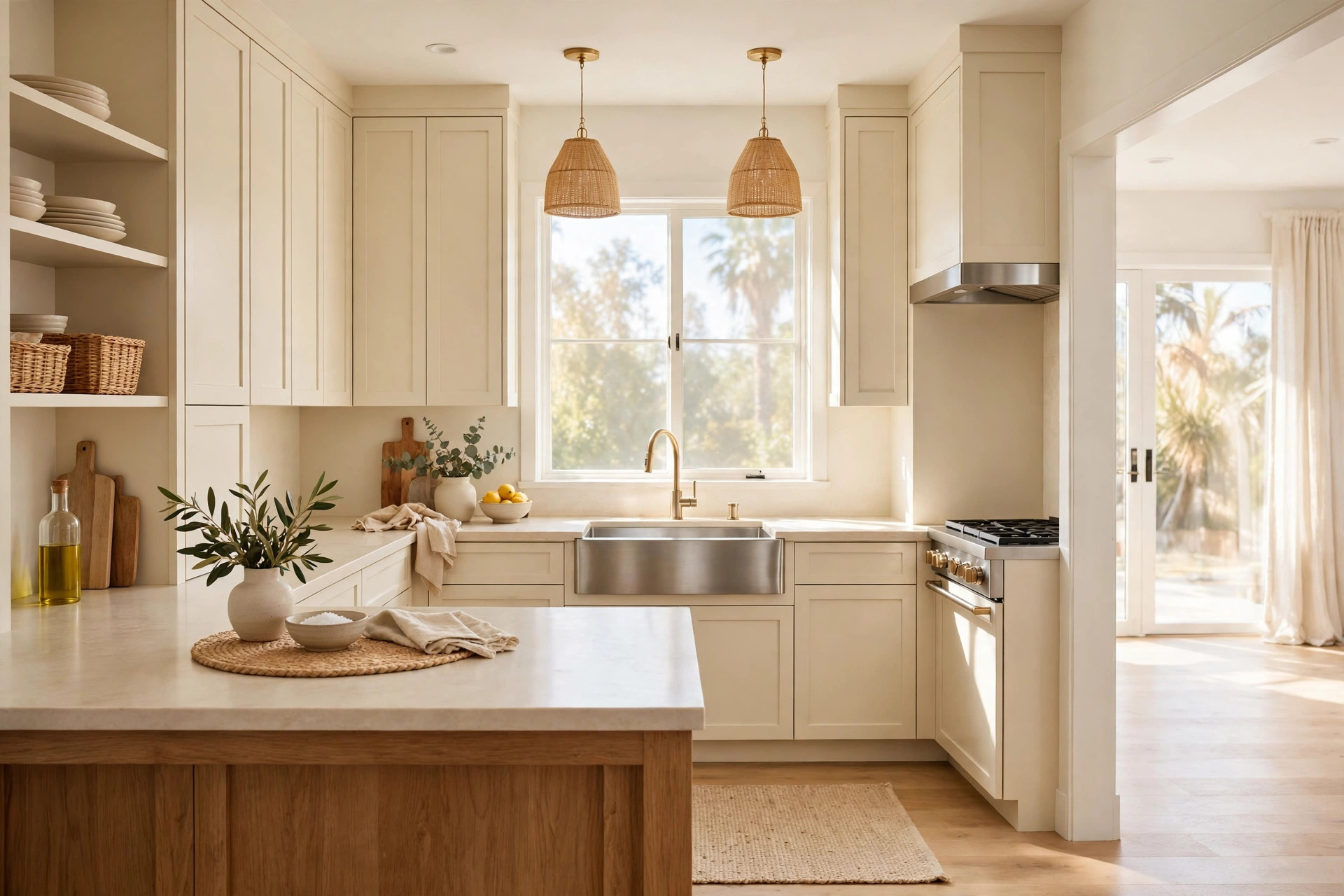 A bright clean kitchen in morning daylight